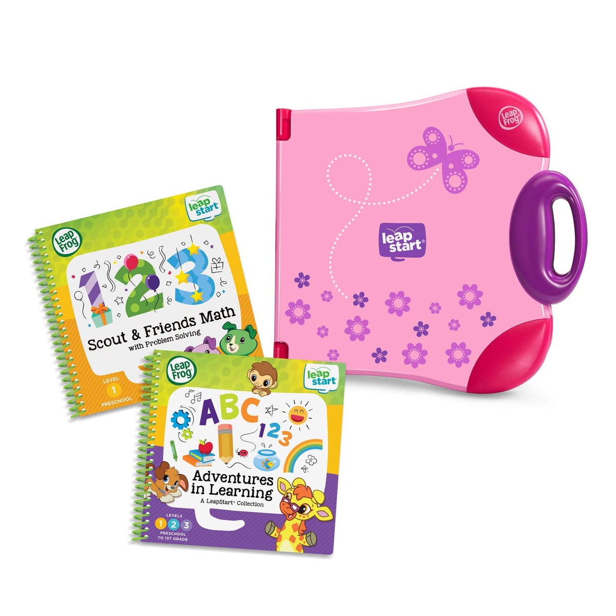LeapFrog LeapStart pink book-library showcases interactive content for early learning.