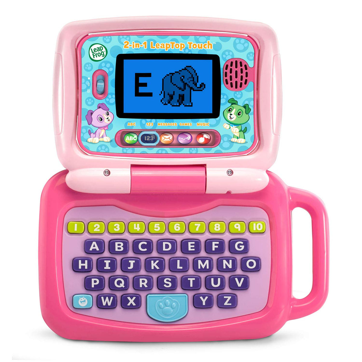 LeapFrog LeapTop Touch pink open in keyboard mode for ABCs and numbers