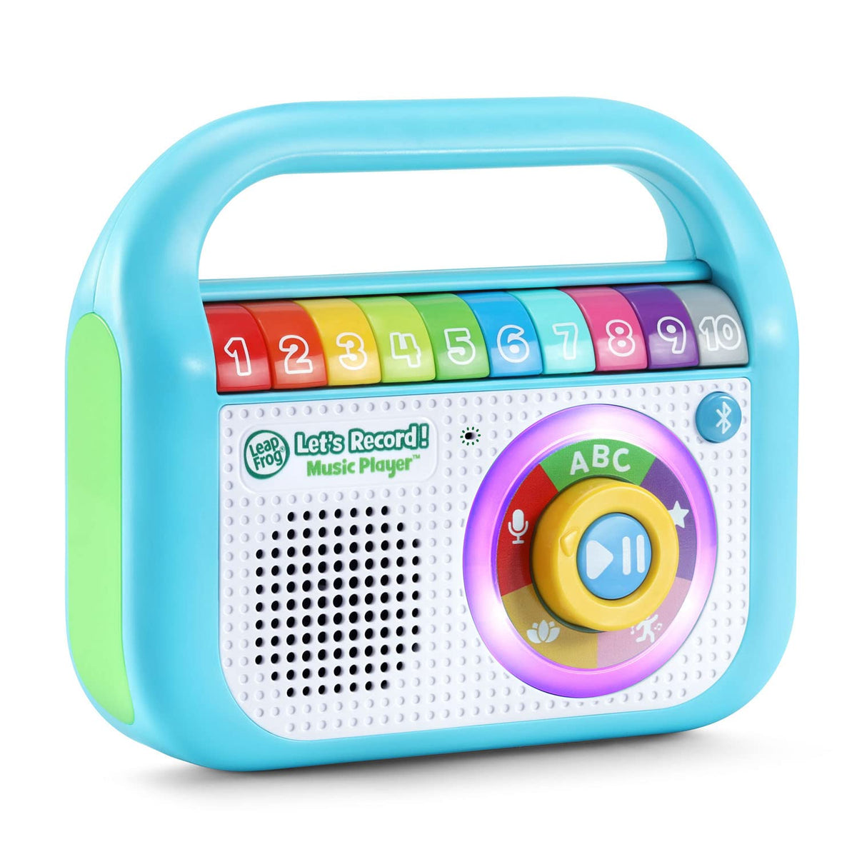 LeapFrog Let's Record Music Player teal child holding device for active learning