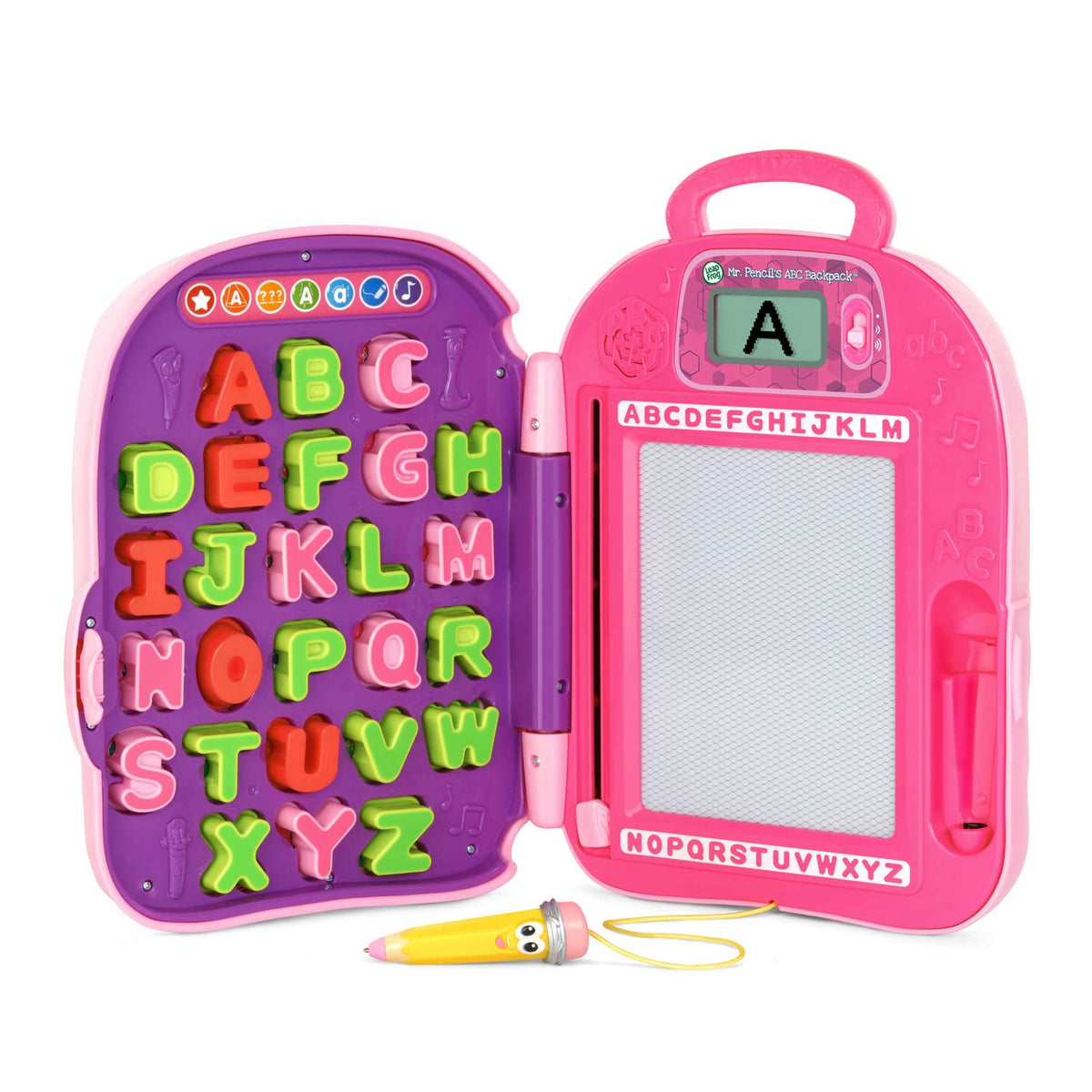 LeapFrog Mr. Pencil's ABC Backpack writing board guides letter formation.