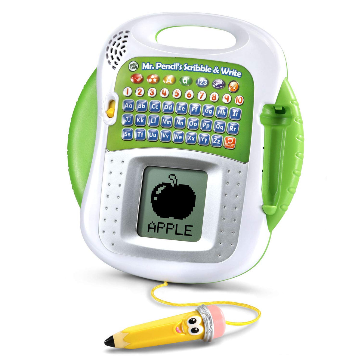 LeapFrog Mr. Pencil's Scribble and Write letters and shapes on screen support early letter recognition.