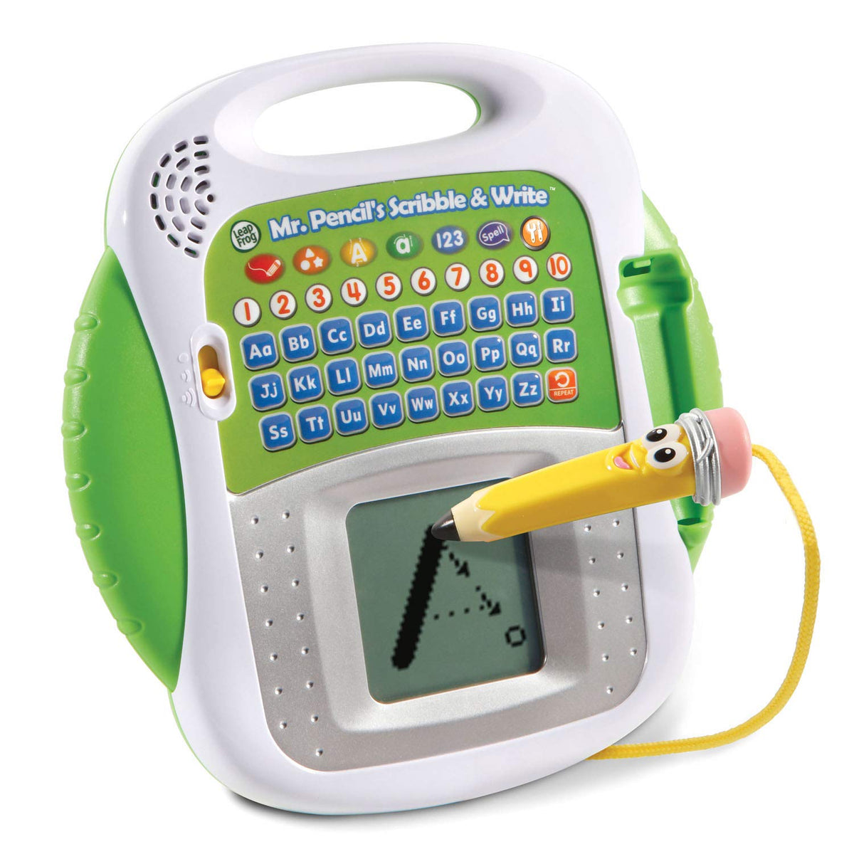 LeapFrog Mr. Pencil's Scribble and Write stylus tracing letters on the touch screen.