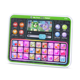 Letters, words and colors guided by LeapFrog tablet support early literacy.