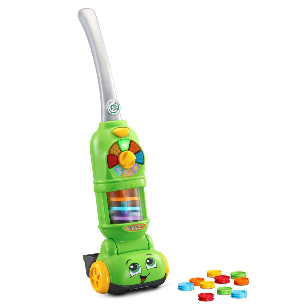 LeapFrog Pick Up and Count Vacuum collecting a dust piece to reinforce color learning