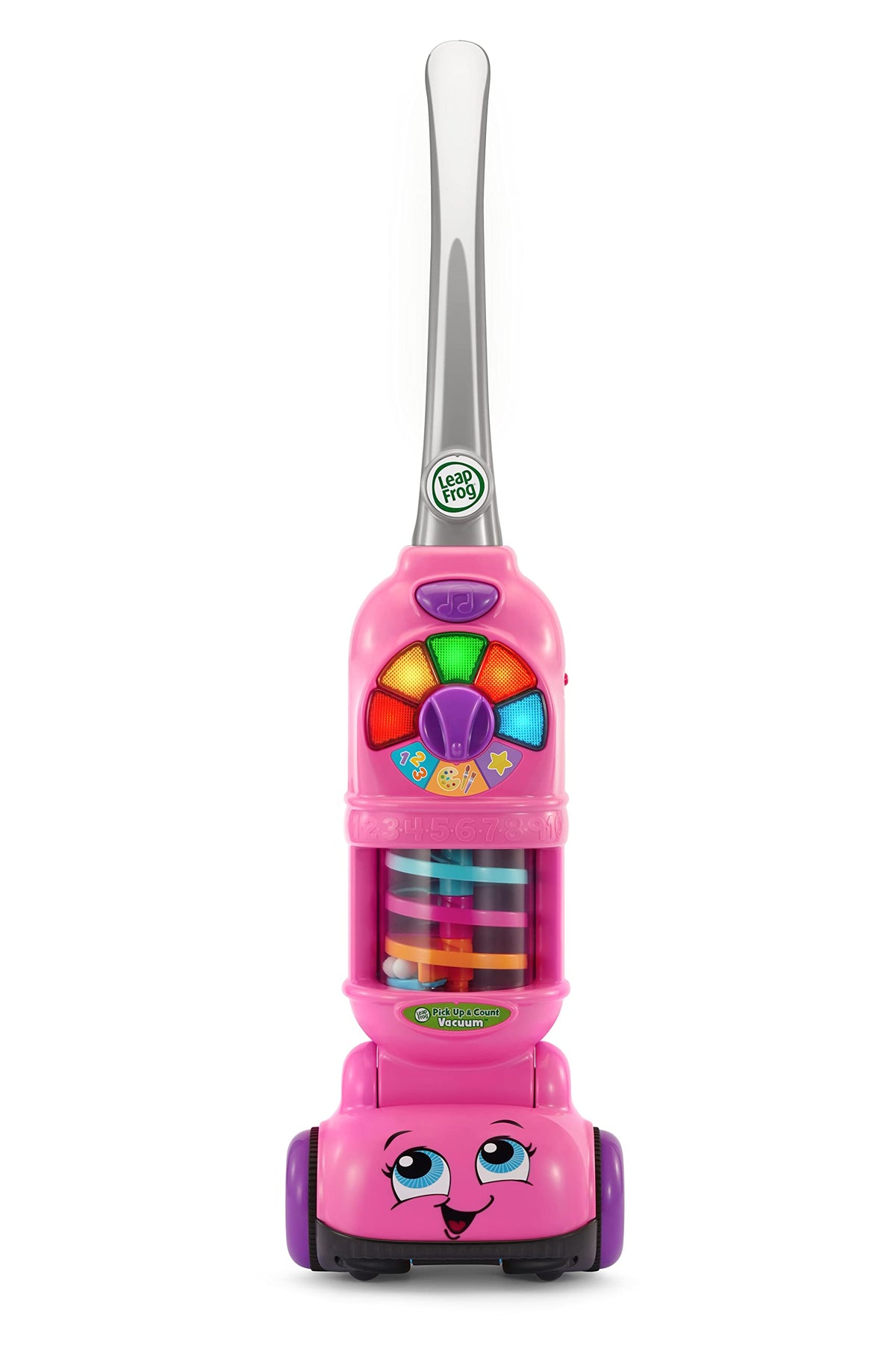 LeapFrog pink vacuum with colorful dust pieces aids color recognition during play.