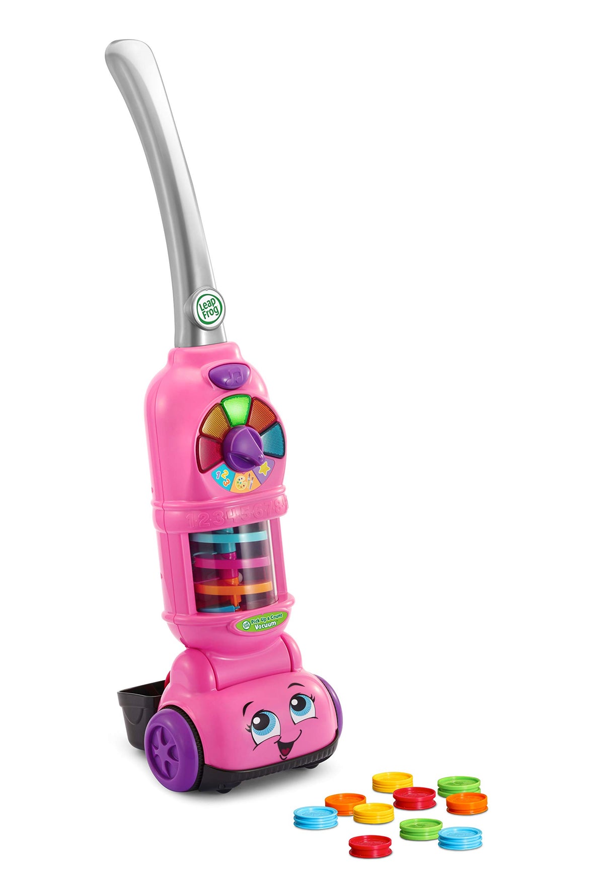 LeapFrog Pick Up and Count Vacuum pink unit shown, promoting pretend cleaning play and motor skills development.