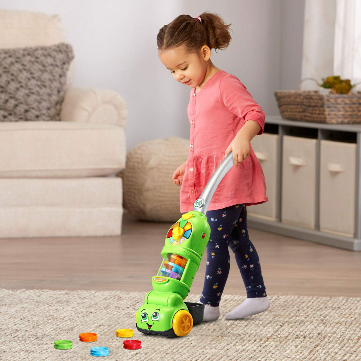 Dust bin stores ten dust pieces after pickup on LeapFrog vacuum