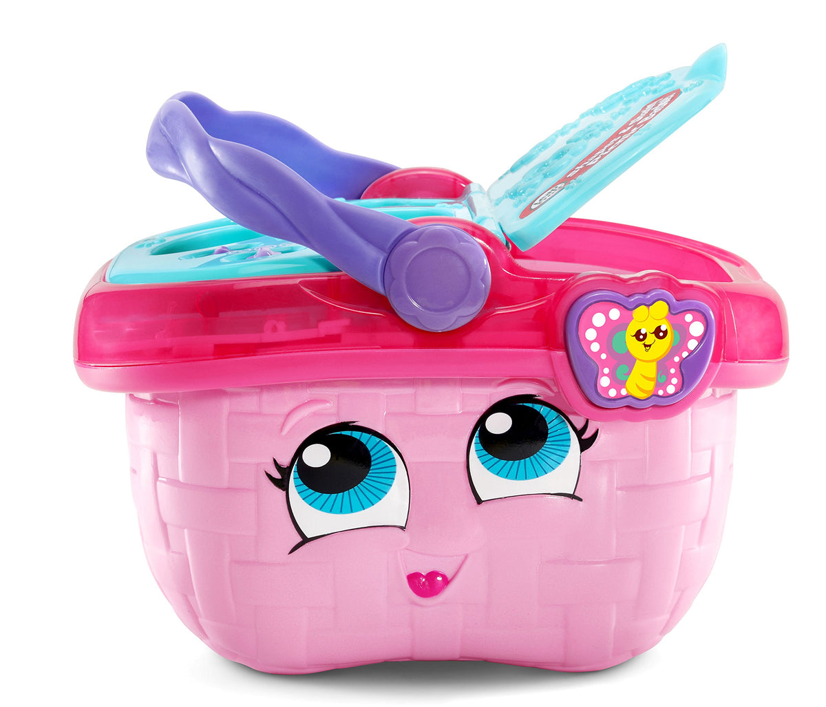 LeapFrog pink picnic basket filled with plates, cups, and food for imaginative play