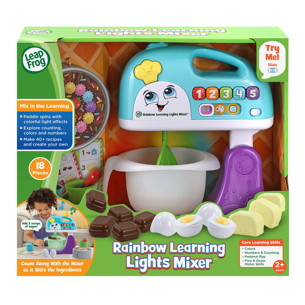 LeapFrog Rainbow Learning Lights Mixer blue decorated cake pan boosts imagination.