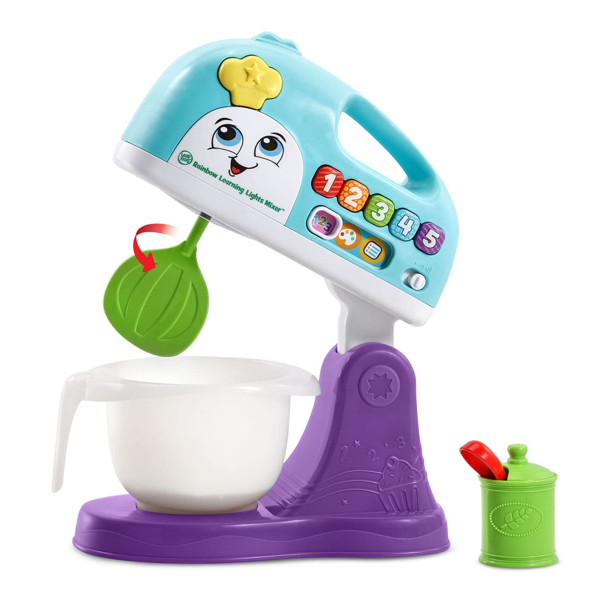 LeapFrog Rainbow Learning Lights Mixer blue detachable bowl for easy ingredient handling.