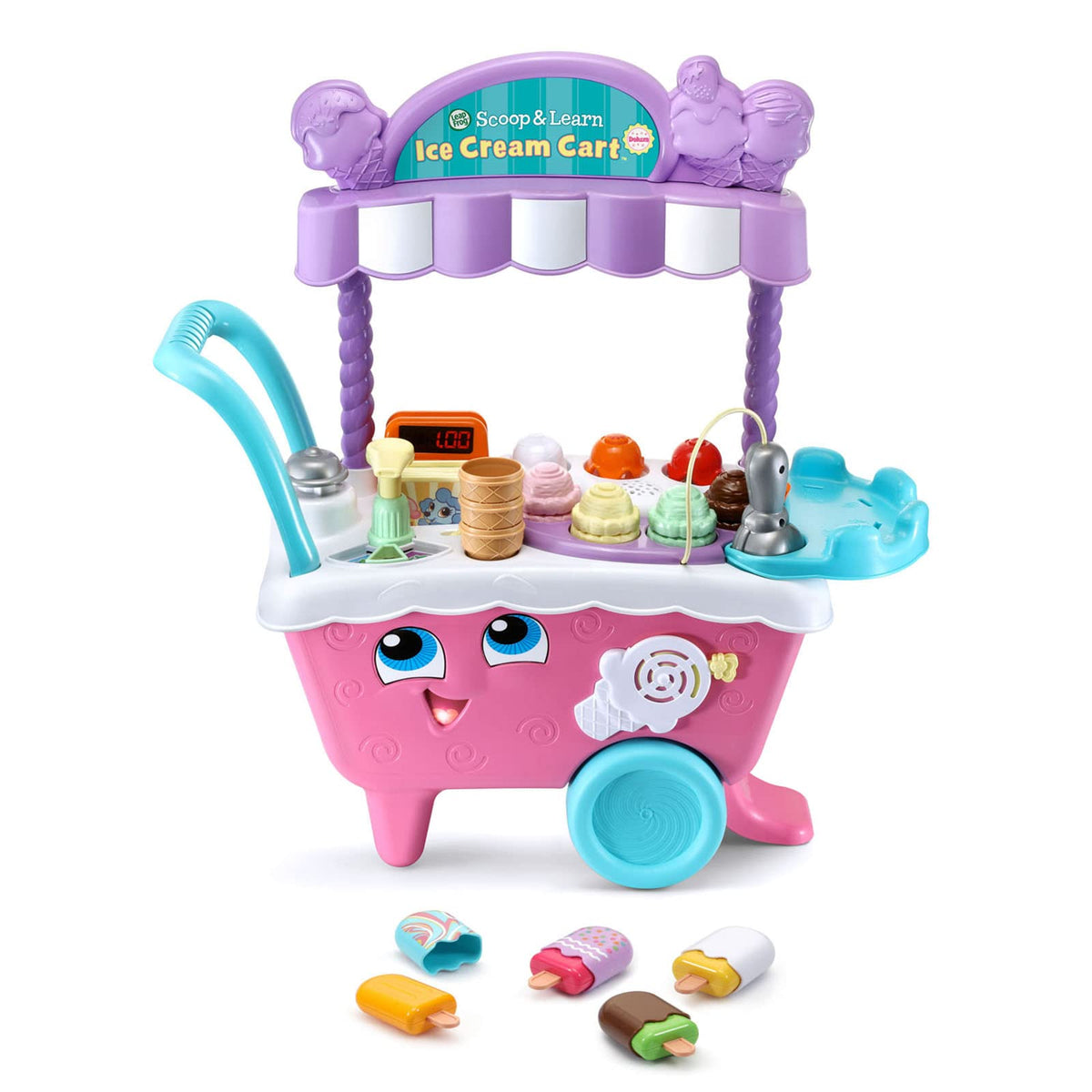 LeapFrog Scoop and Learn Ice Cream Cart Deluxe pink syrup pump helps practice counting to 10.