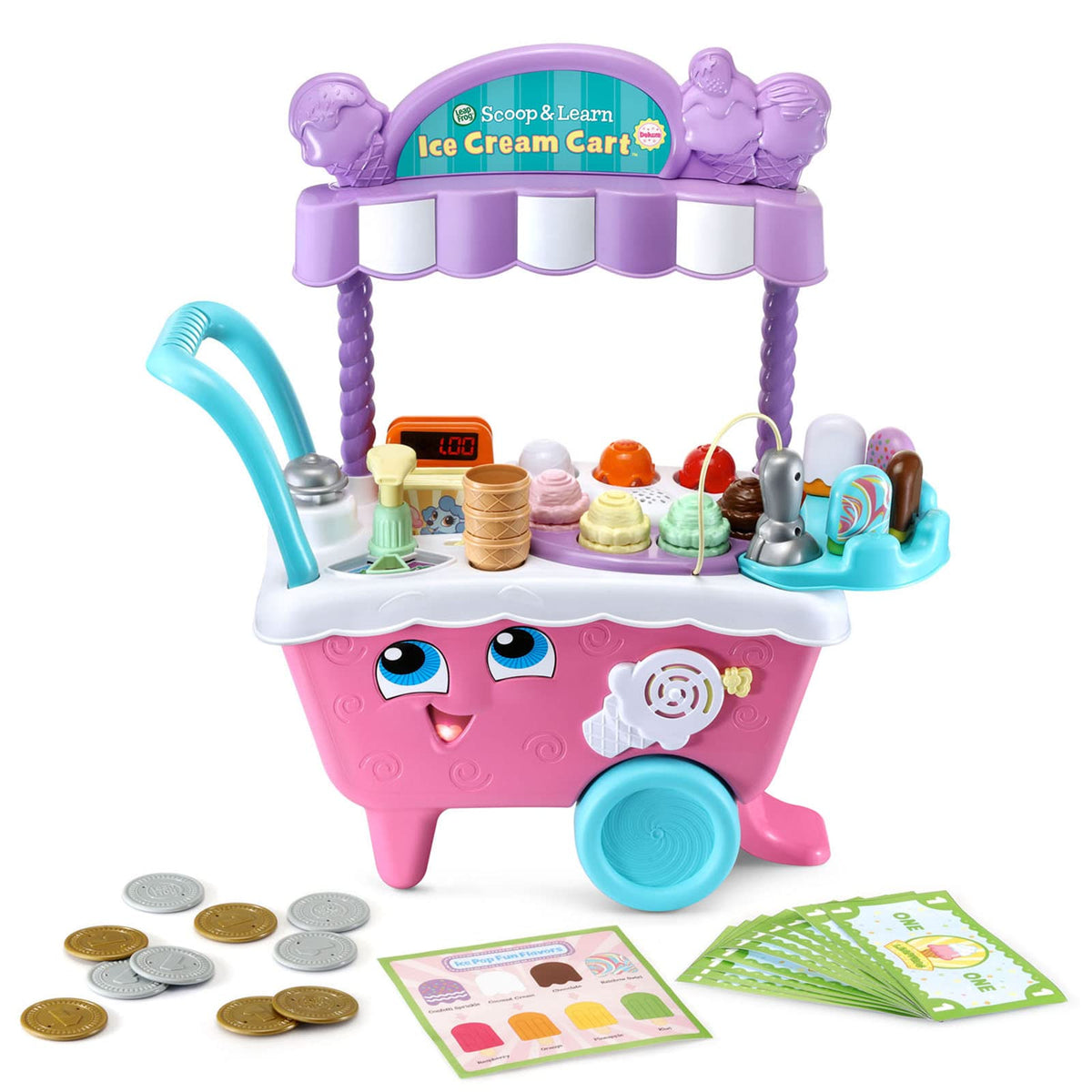 LeapFrog Scoop and Learn Ice Cream Cart Deluxe pink toppings showcase flavor choices for creative pretend play.