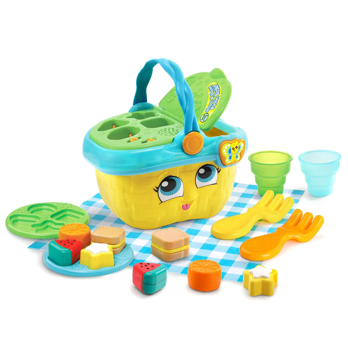 LeapFrog Shapes and Sharing Picnic Basket with lid open, vibrant pieces, supports early color and shape recognition.