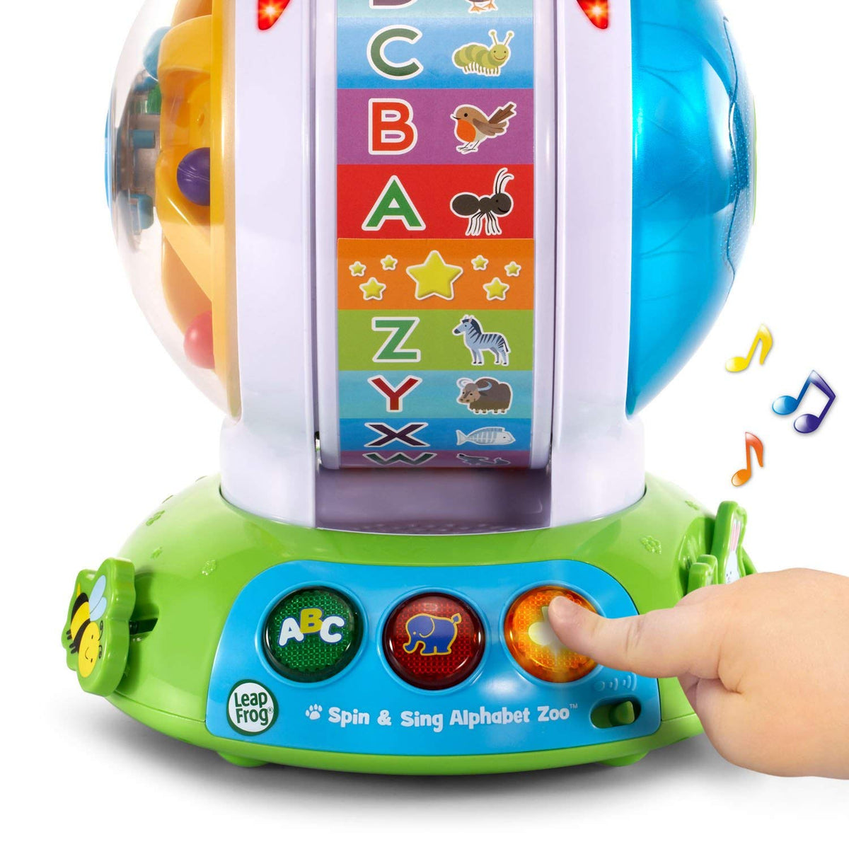 LeapFrog Spin and Sing Alphabet Zoo Bee slide and animal buttons invite motor skill play.