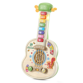 LeapFrog Strum and Count wooden guitar fret buttons highlight colors and numbers.