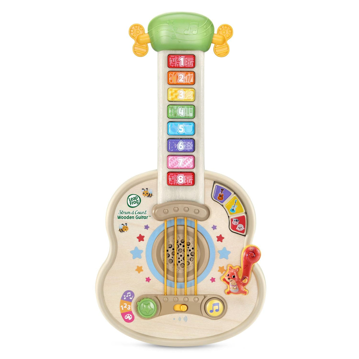 LeapFrog Strum and Count wooden guitar front view with colorful fret keys for early learning.