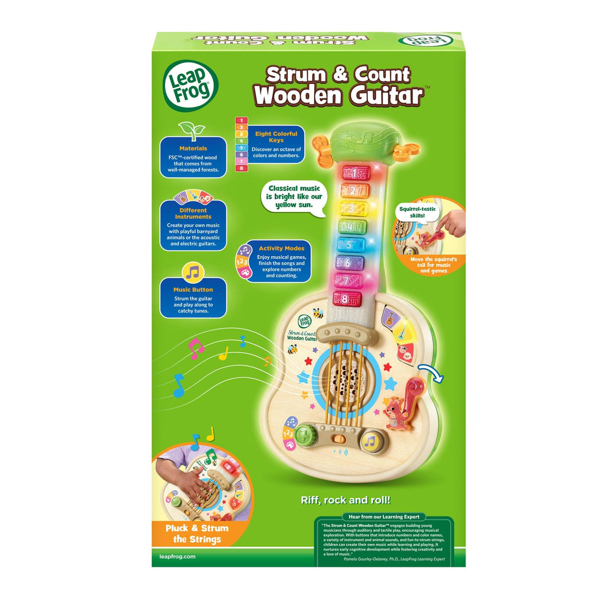 LeapFrog Strum and Count wooden guitar FSC-certified wood material.