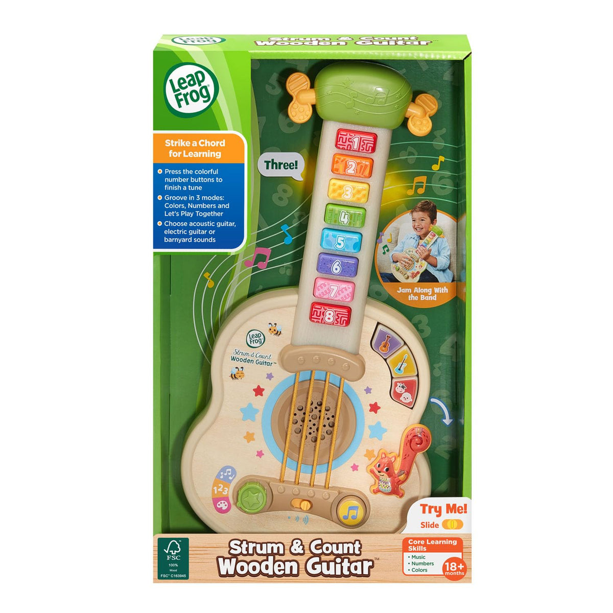 LeapFrog Strum and Count wooden guitar whammy bar adds expressive play.