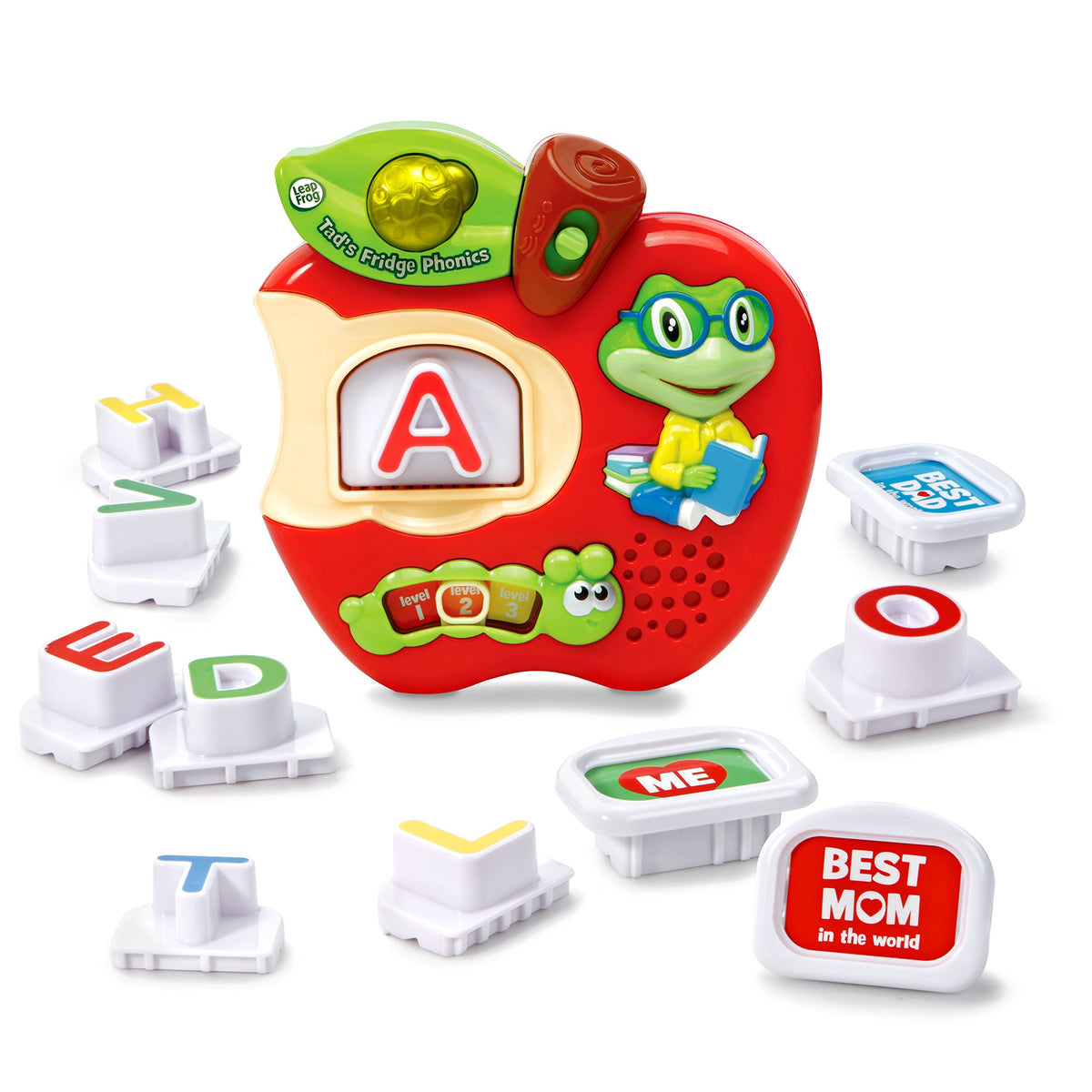 LeapFrog Tad's Fridge Phonics tiles on the fridge foster early letter recognition and sensory play.
