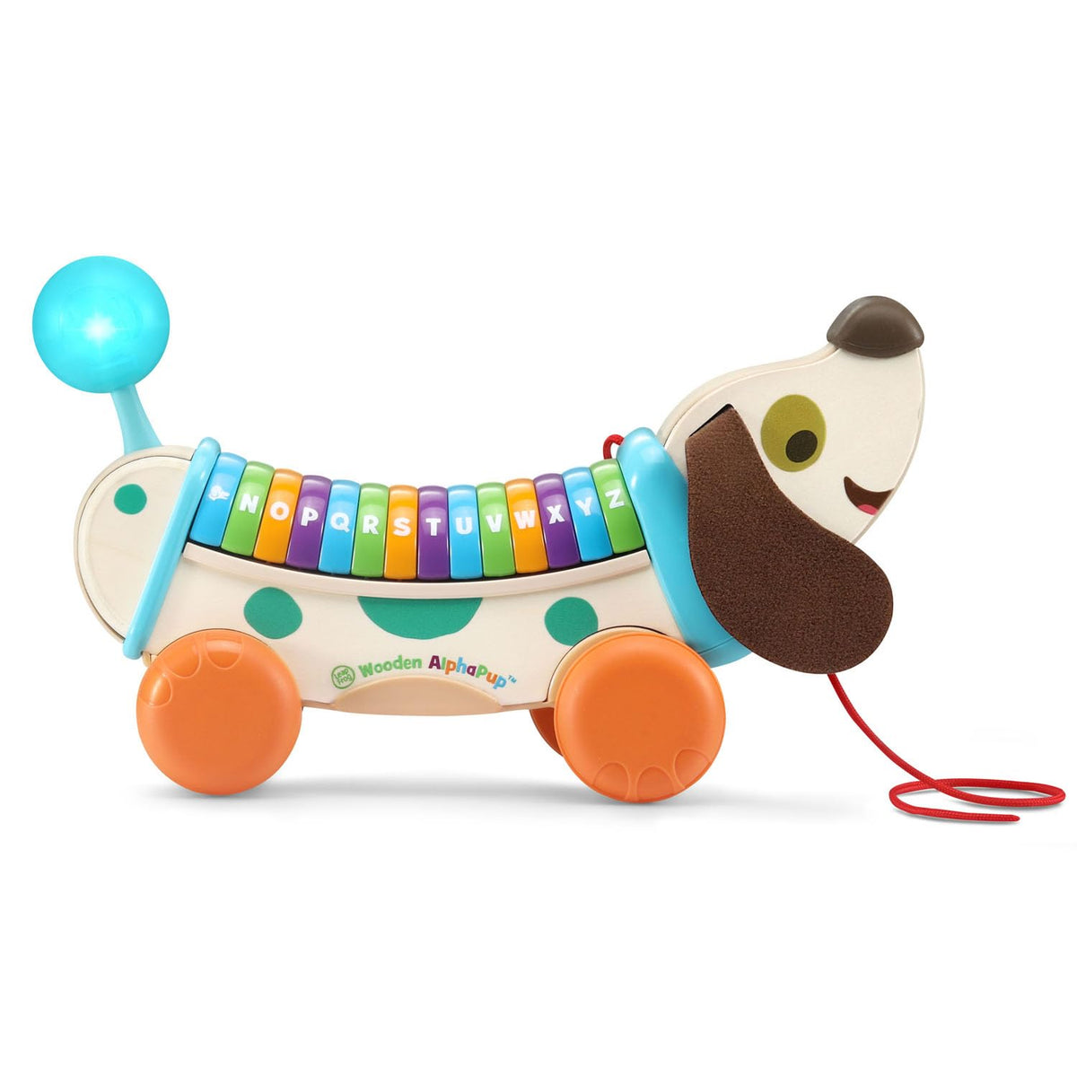 LeapFrog Wooden AlphaPup back buttons illuminate letters for interactive learning.
