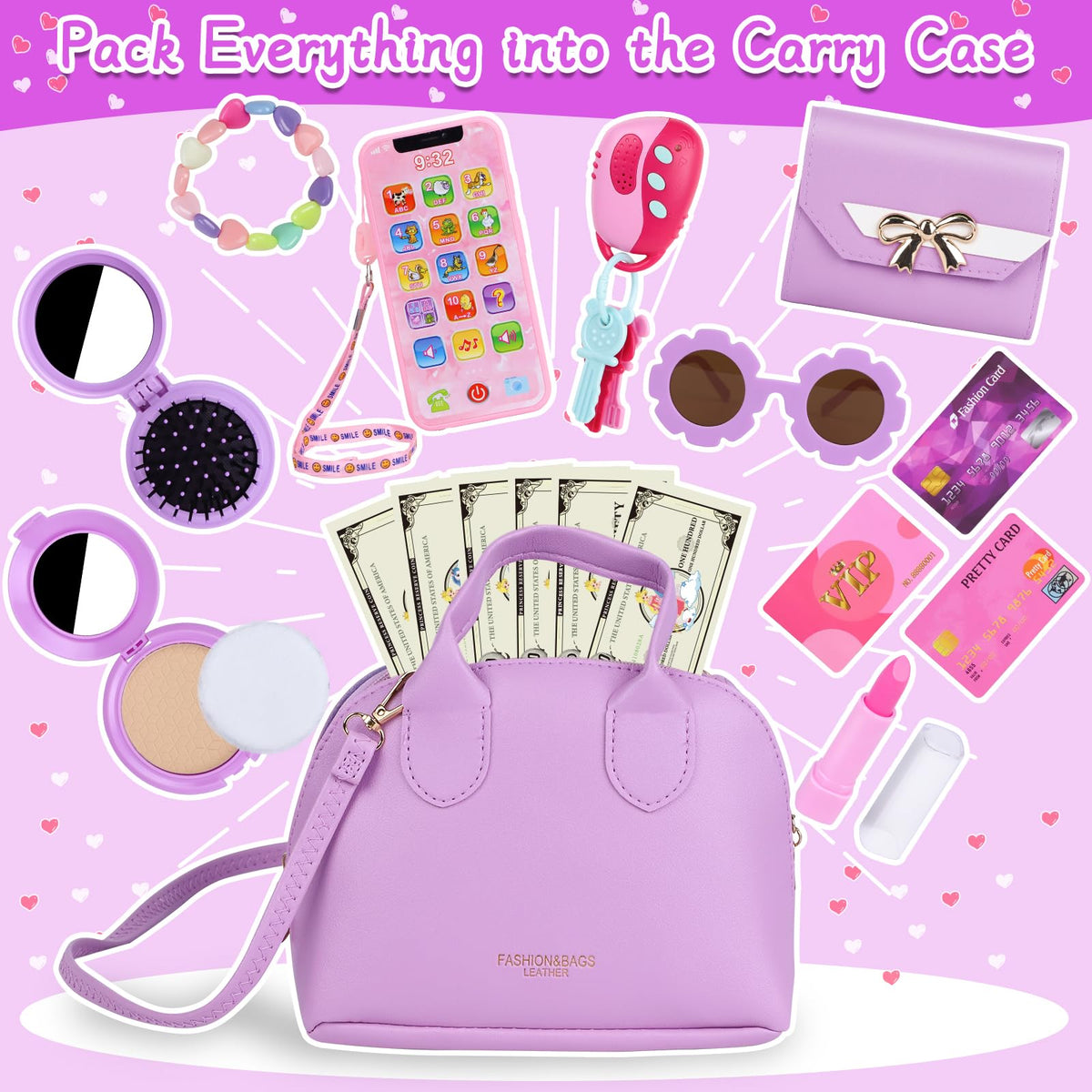 Learn2M Purple Play Purse open tray reveals organized compartments