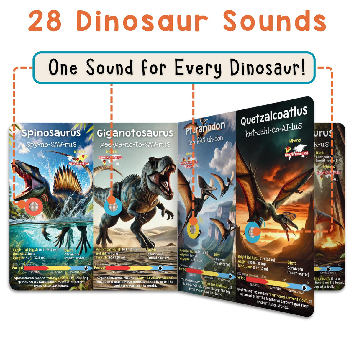 LEARNING BUGS dinosaur sound book buttons encourage tactile interaction during storytime.