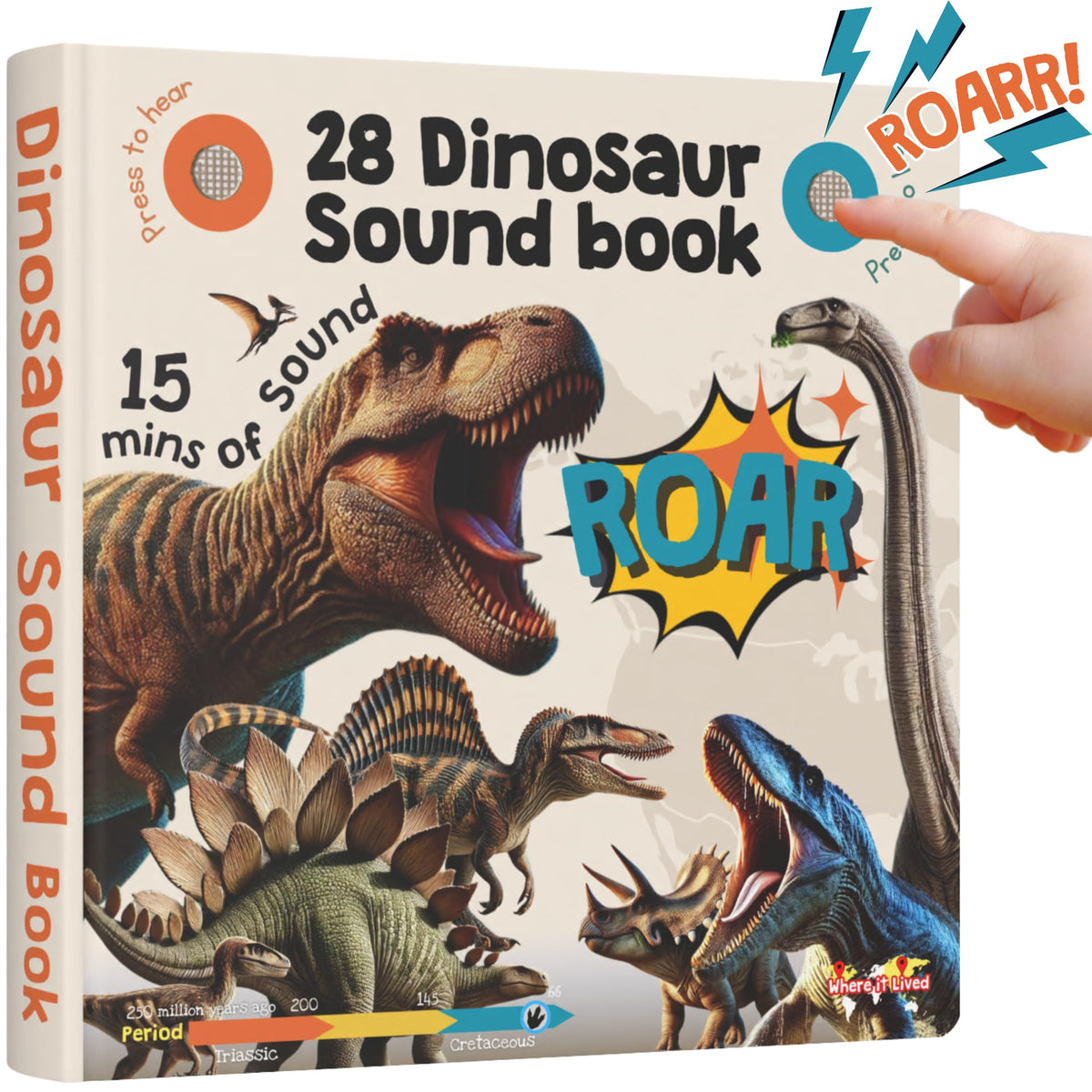 LEARNING BUGS dinosaur sound book cover promotes curious exploration for toddlers.