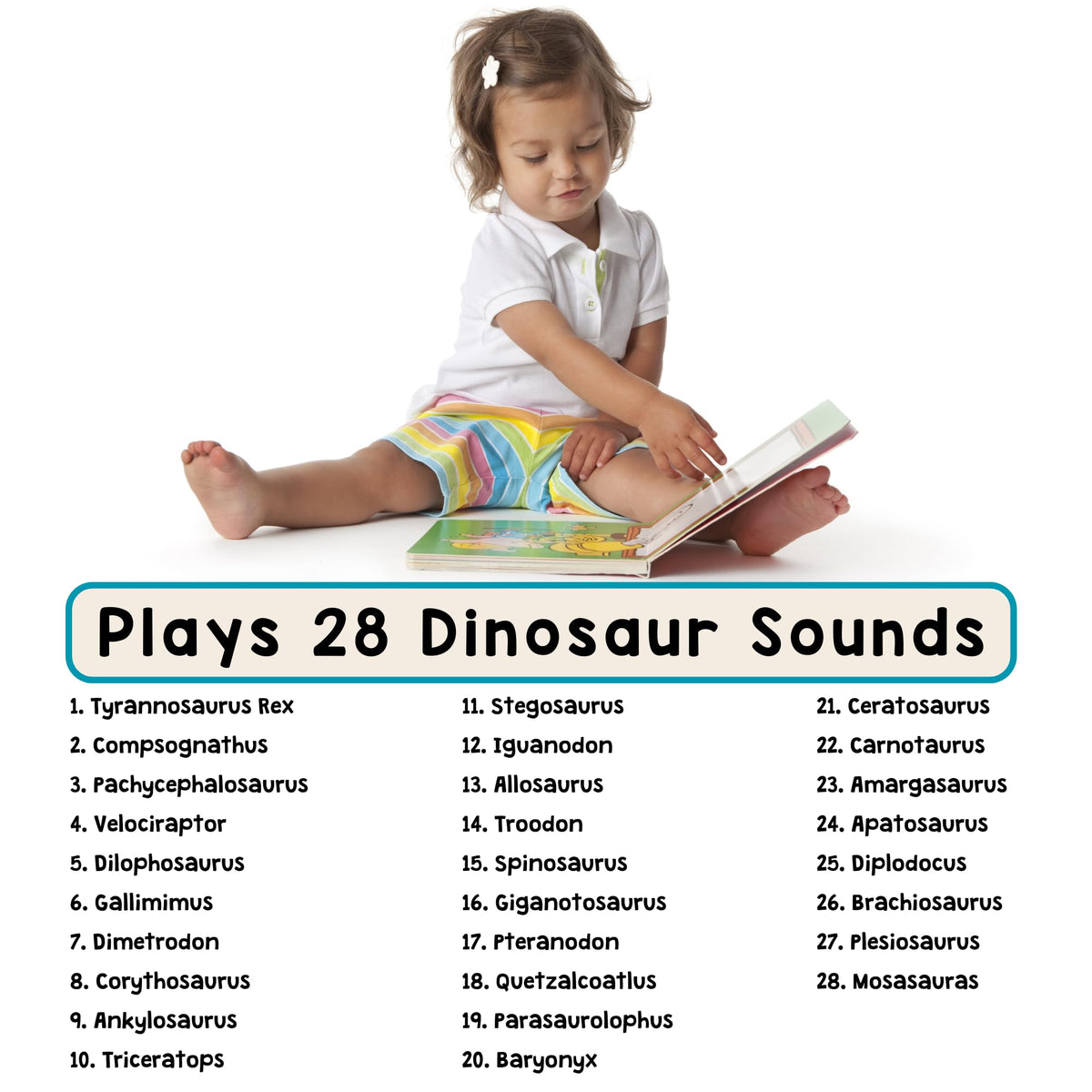 LEARNING BUGS dinosaur sound book displays 28 realistic sounds for immersive learning.