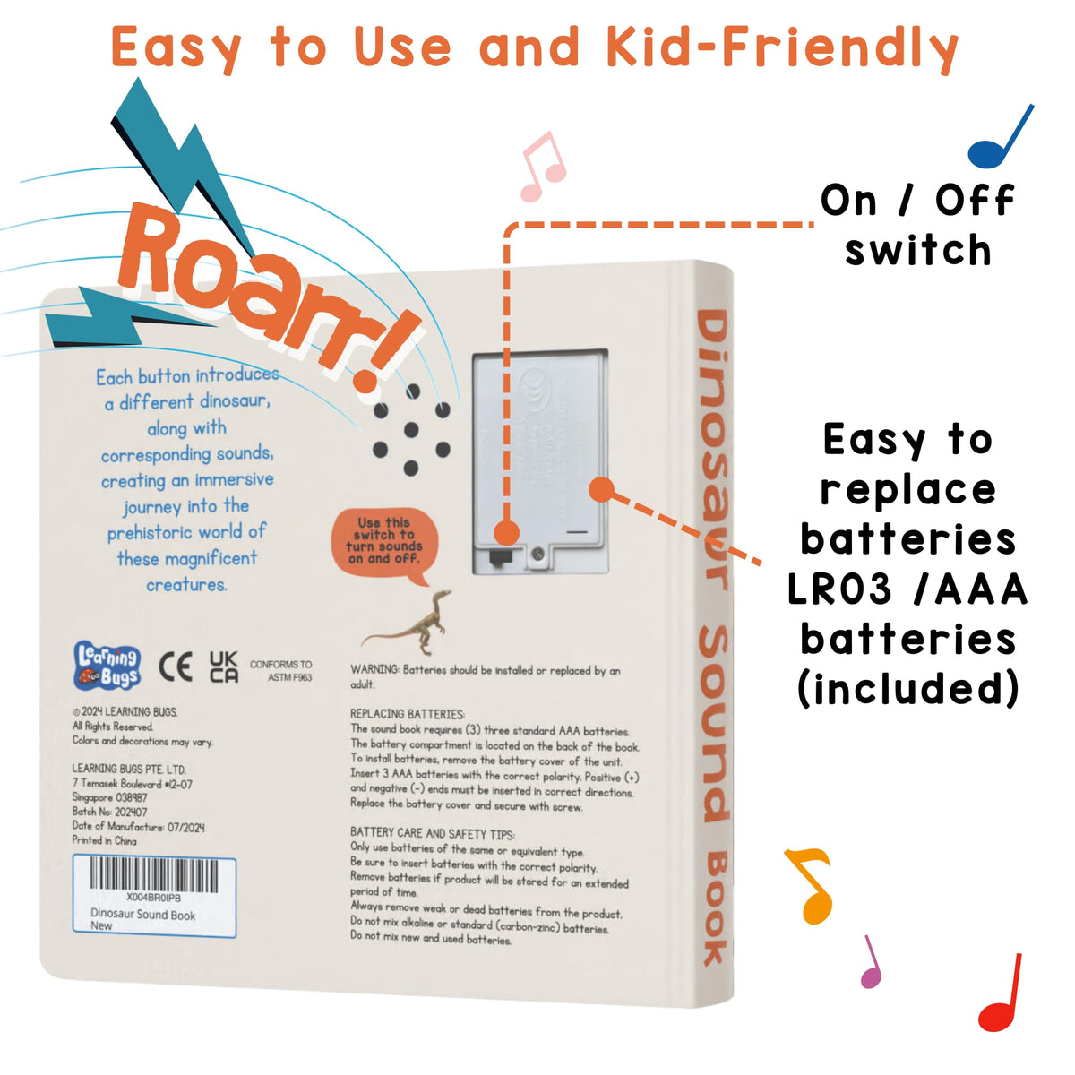 LEARNING BUGS dinosaur sound book is portable and travel-friendly for busy families.
