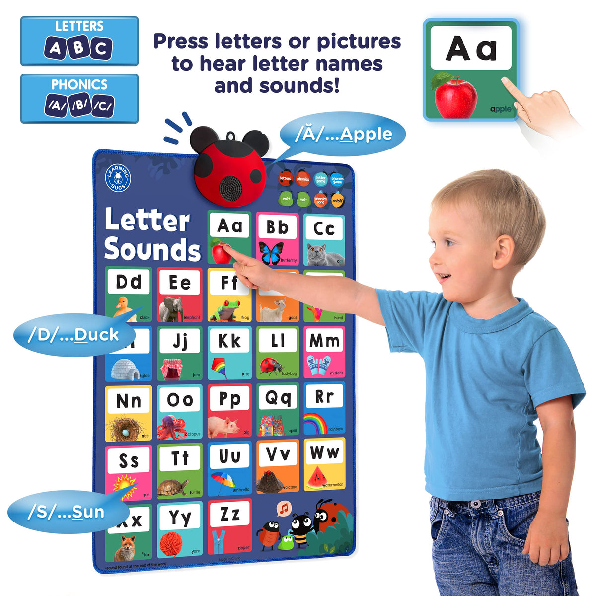 LEARNING BUGS interactive phonics songs poster enabling engaging practice with audio cues