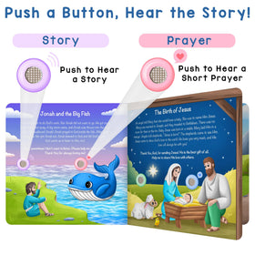 Learning Bugs interactive sound book uses two buttons per page for stories and prayers.
