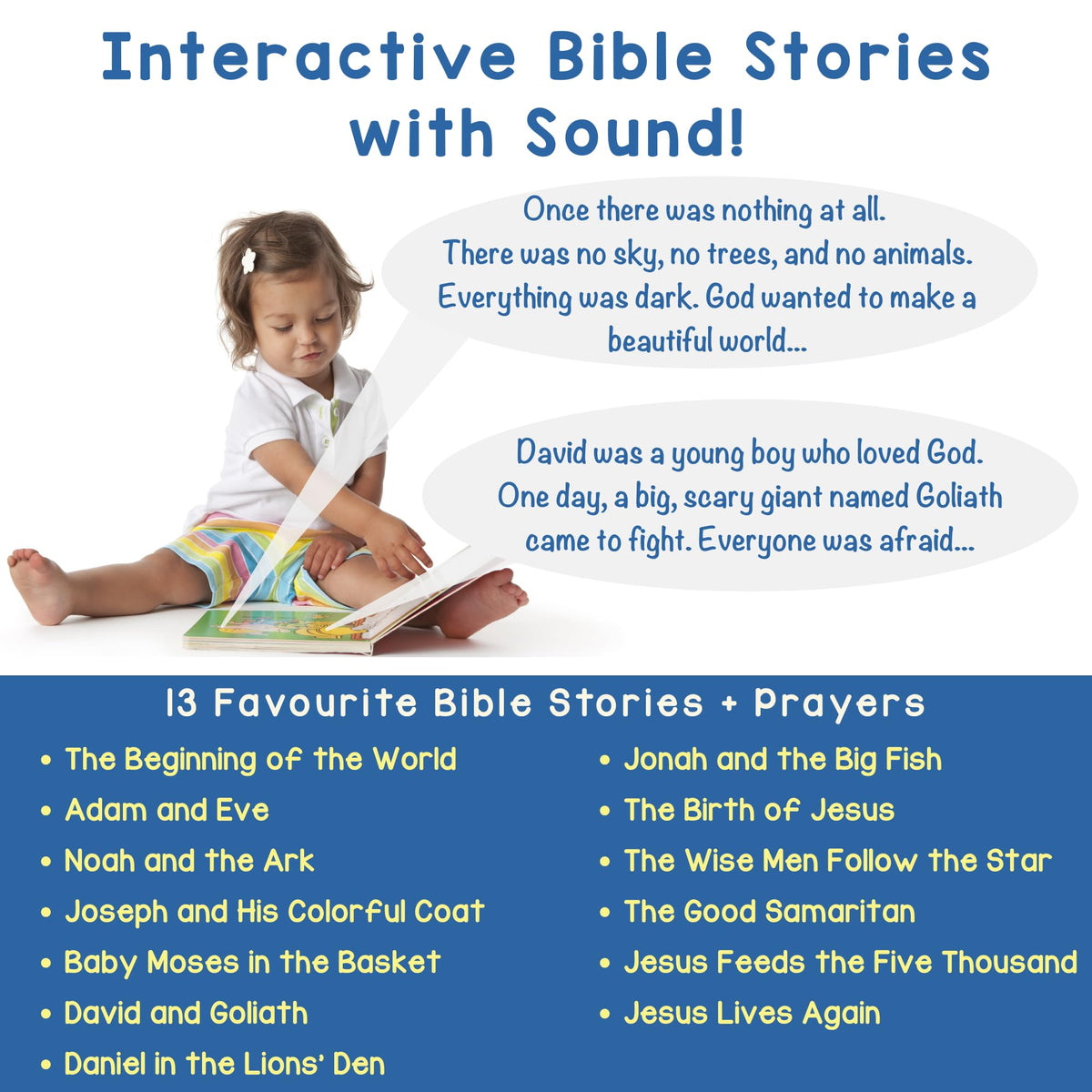 Learning Bugs narrated stories and prayers buttons provide easy engagement during quiet time.