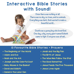 Learning Bugs narrated stories and prayers buttons provide easy engagement during quiet time.