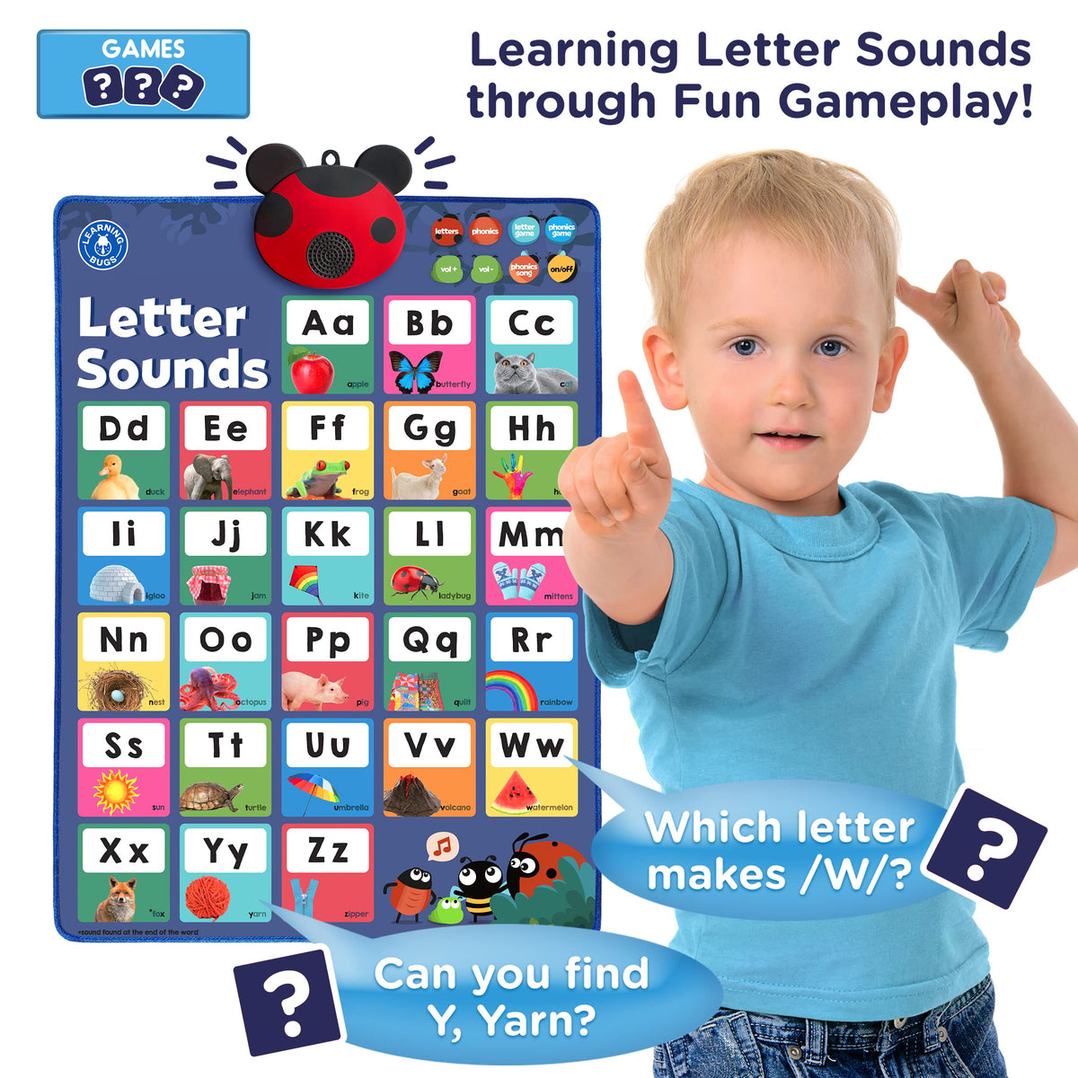 LEARNING BUGS phonics games songs poster offering playful activities that reinforce sounds