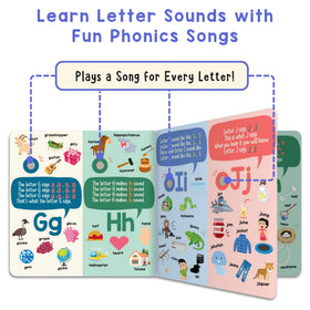Inside pages of LEARNING BUGS book showing bright letters for hands-on phonics practice.