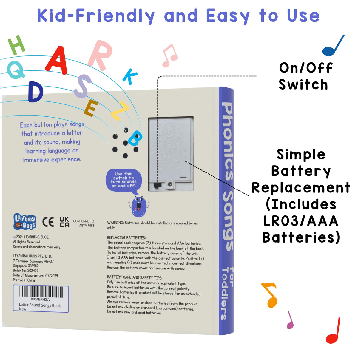 LEARNING BUGS Phonics Songs Book portable travel-friendly for on-the-go learning.