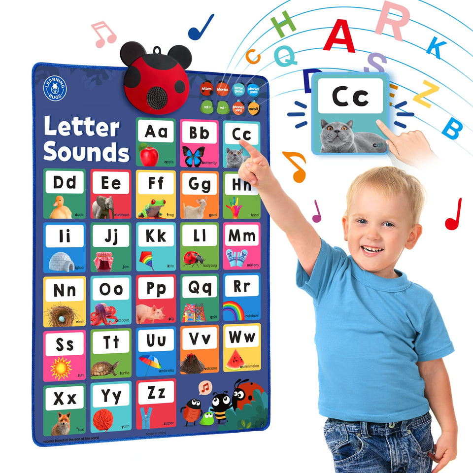 LEARNING BUGS press to learn phonics poster showing interactive letters with audio feedback for early readers