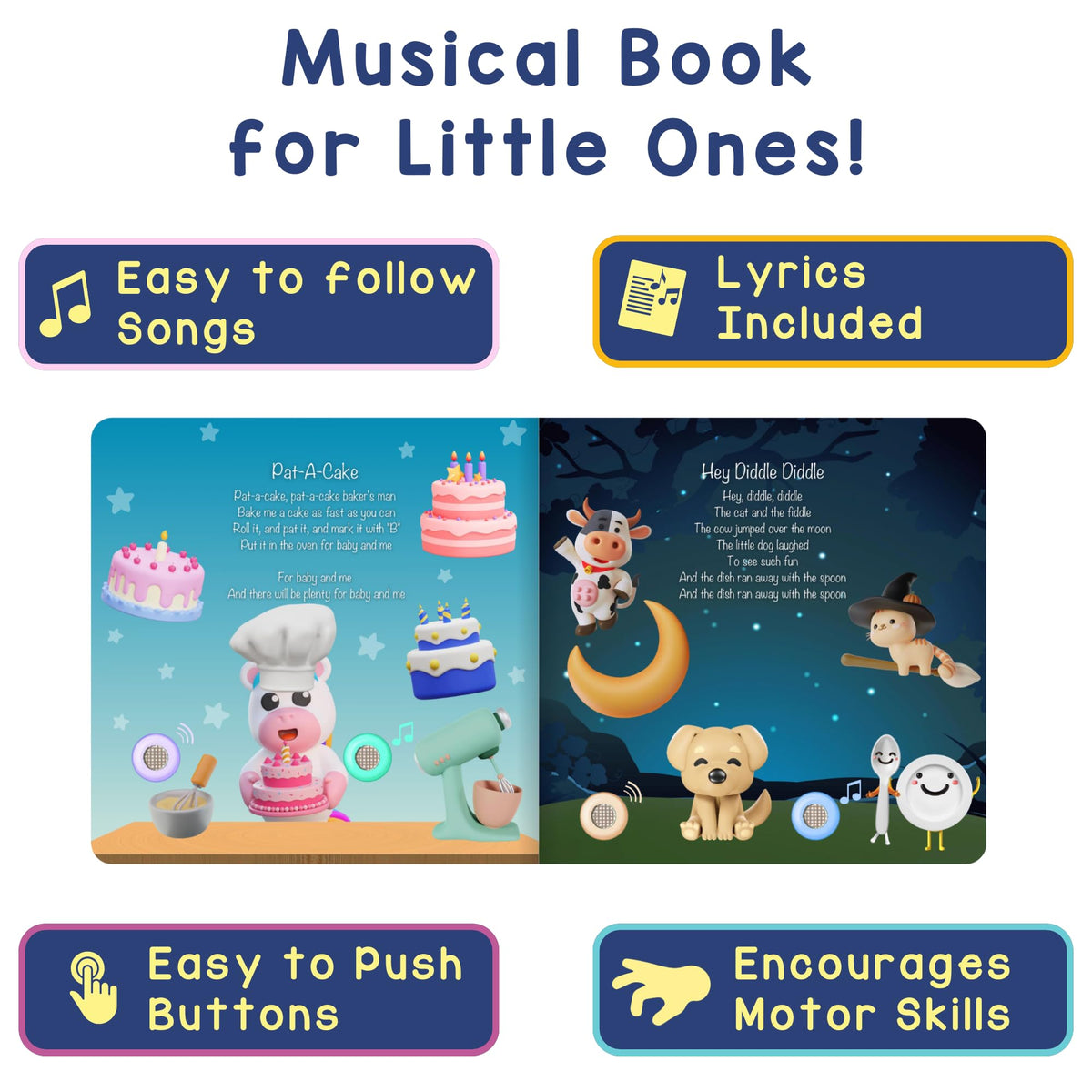 Learning Bugs sound buttons close-up demonstrate easy-to-use features for toddlers at bedtime.