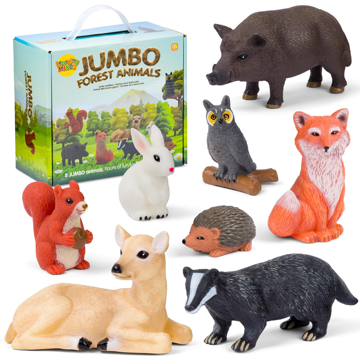 Learning Minds jumbo forest animals set box shows all eight figures for imaginative forest play