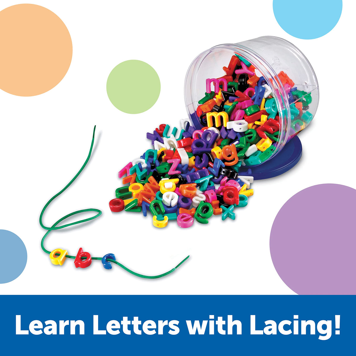 Learning Resources 275-piece set with beads and laces supports sorting and spelling practice.
