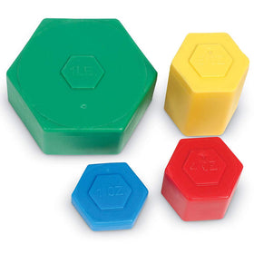 Learning Resources 2oz weights in classroom arrangement for small-scale mass estimation.