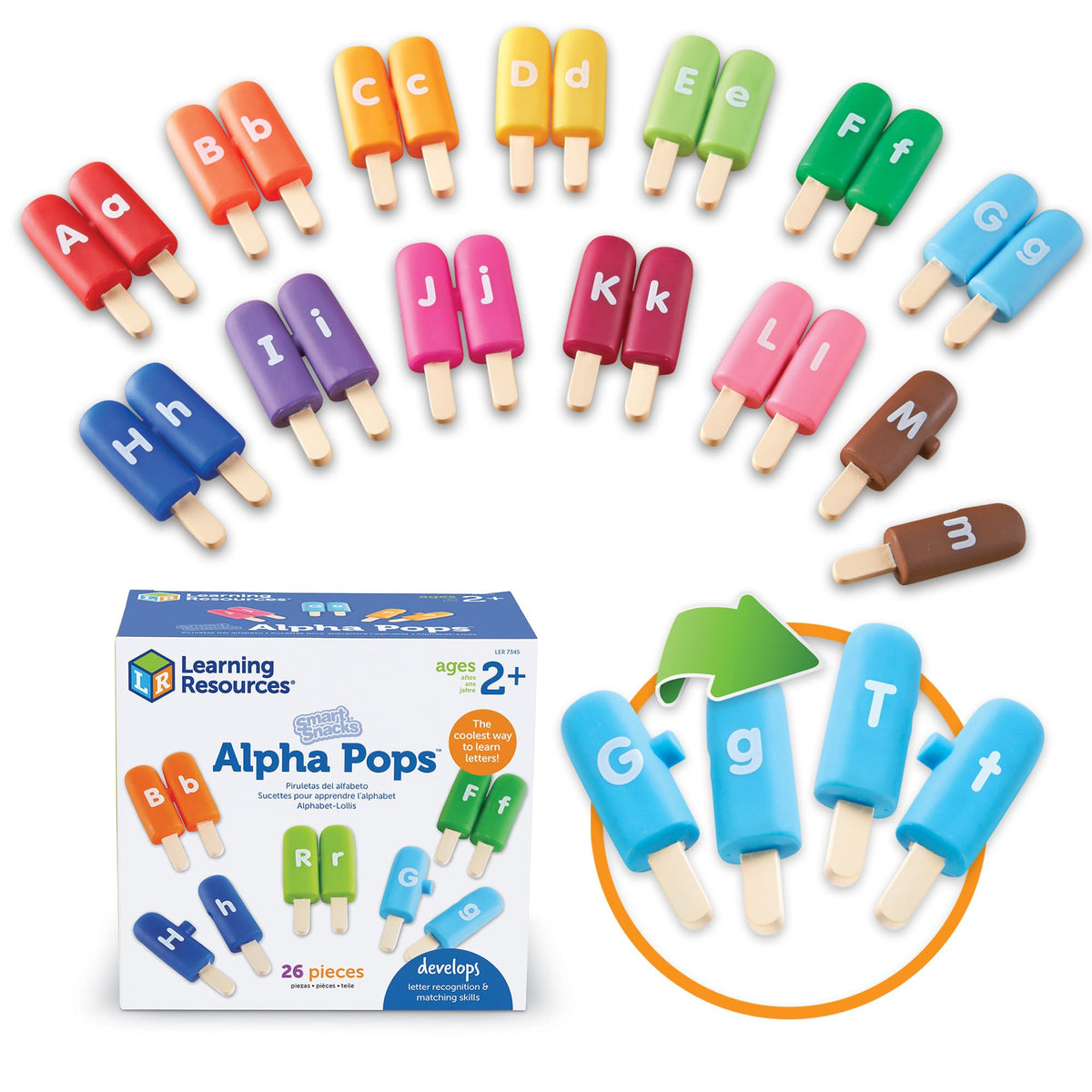 Learning Resources Alpha Pops colorful letter pops support early alphabet recognition and color coded matching.
