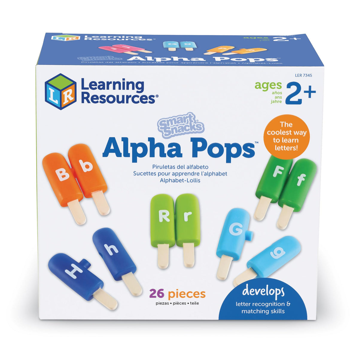 Learning Resources Alpha Pops show all letters with double sided design for self checking.