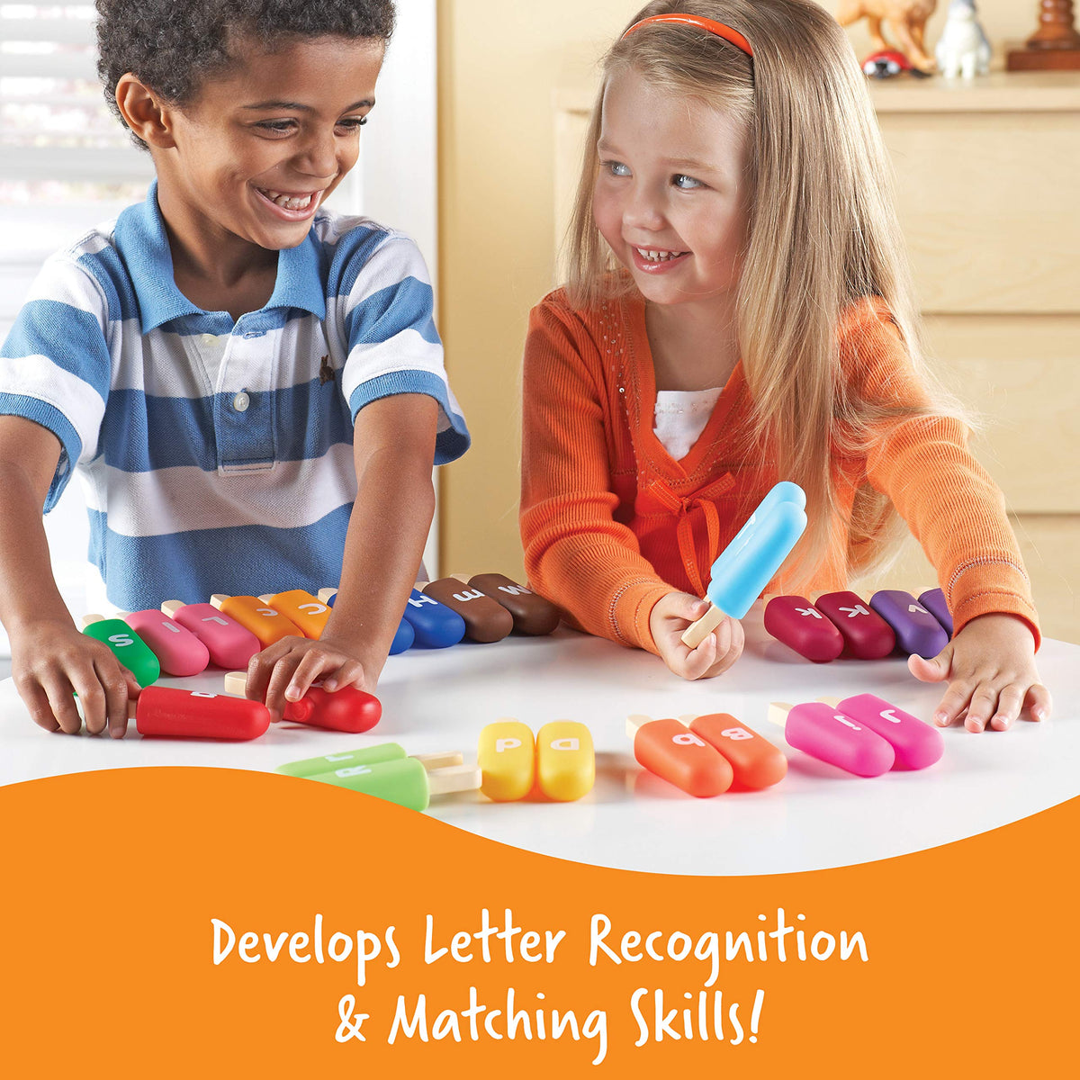 Learning Resources Alpha Pops compact 4 inch pops fit little hands for easy manipulation.