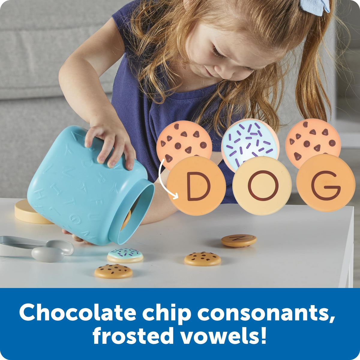 Learning Resources Alphabet Cookie Jar features chocolate-chip consonants for word-building activities.