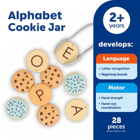 Learning Resources Alphabet Cookie Jar storage jar keeps all pieces neatly organized.