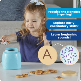 Learning Resources Alphabet Cookie Jar with frosted vowels enhances letter recognition play.