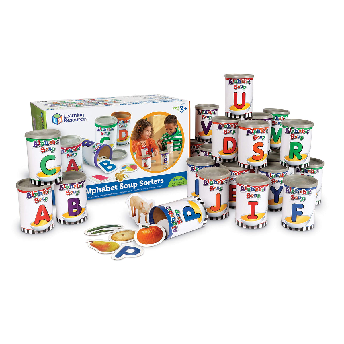 Learning Resources Alphabet Soup Sorters cans for durable, hands-on alphabet play