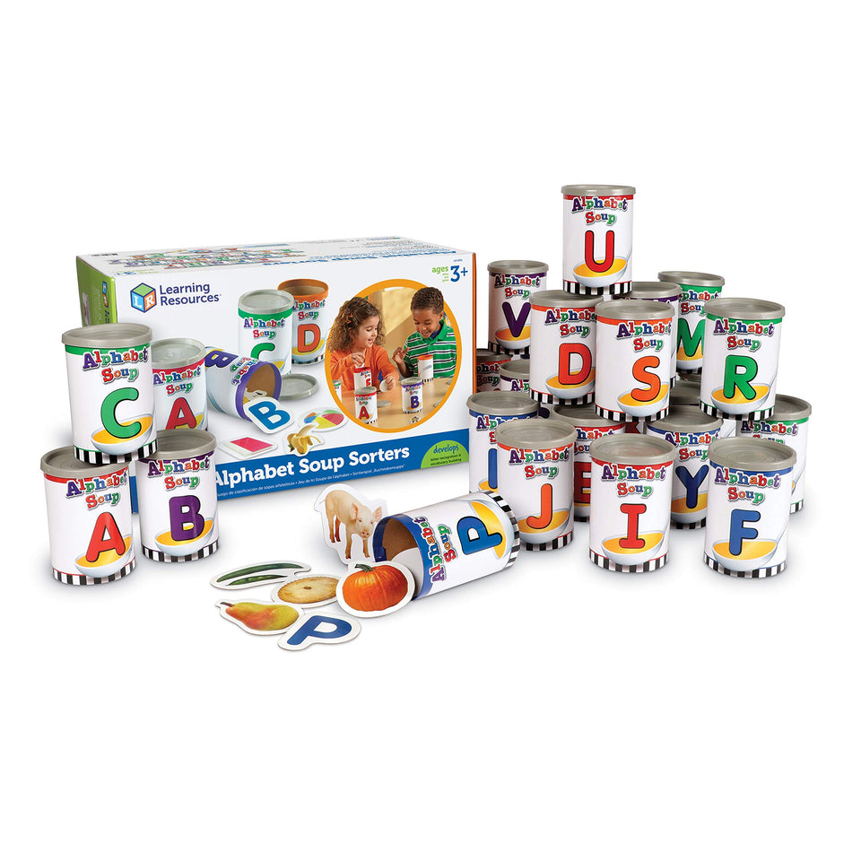 Learning Resources Alphabet Soup Sorters cans for durable, hands-on alphabet play