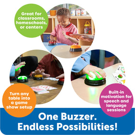 Learning Resources buzzers with battery compartment open for quick setup.